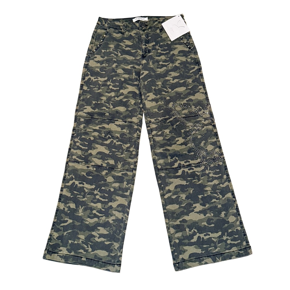 Playboy Camo Wide Leg Pants Women Size 7 Green Rhinestone Studded Bunny Logo NWT